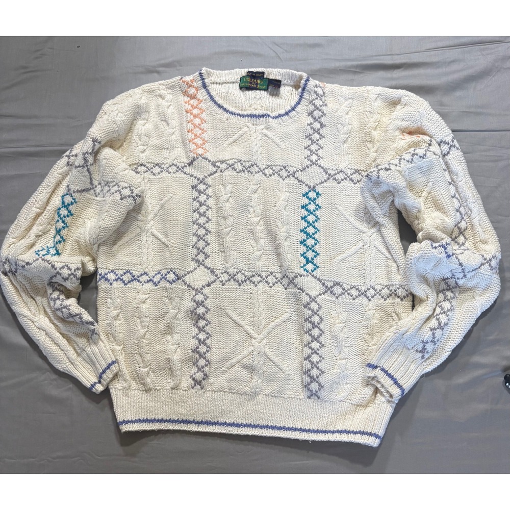 Colours by Alexander Julian Hand Knit Sweater Mens XL Linen Cotton Cream Vintage